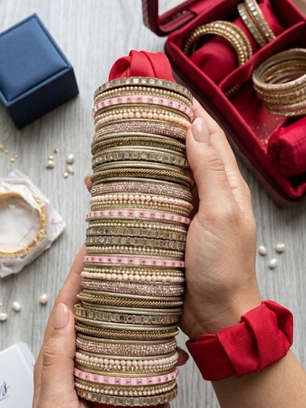 Elegant Gold and Pink Stacked Bangle Set - Women's Jewelry